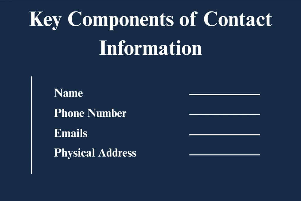 Key components of contact information, such as name, phone number, email, and physical address.
