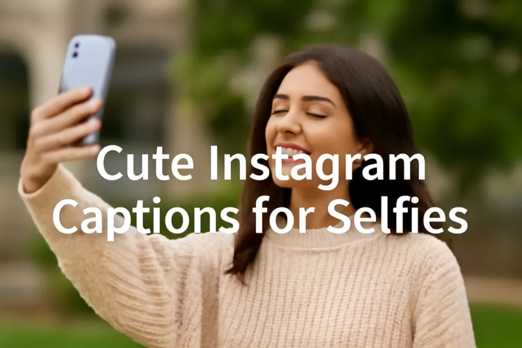 A young woman with wavy dark hair smiling while taking a selfie with a light purple smartphone, wearing a soft cream sweater, with the text 'CUTE INSTAGRAM CAPTIONS FOR SELFIES' overlaid in bold white letters.