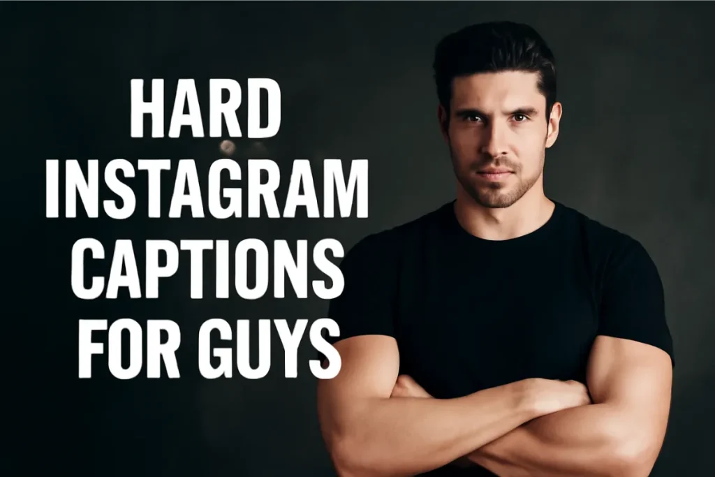 A serious man with a muscular build, wearing a black t-shirt, standing with his arms crossed in front of a dark concrete wall, with the text 'HARD INSTAGRAM CAPTIONS FOR GUYS' overlaid in bold white letters.