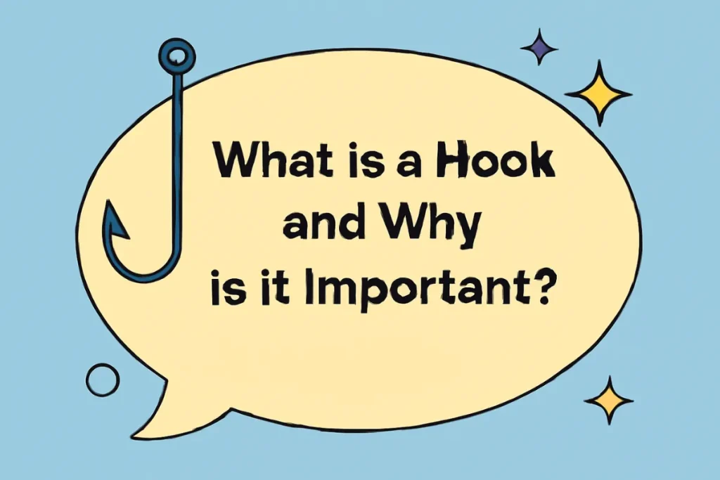 A flat-style digital illustration showing the question "What is a Hook and Why is it Important?" inside a pale yellow speech bubble with a fishing hook icon and star-like elements surrounding it.