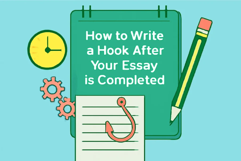 A flat-style digital illustration featuring the title "How to Write a Hook After Your Essay is Completed" on a green notepad. Surrounding it are a yellow clock, gears, a pencil, and a sheet of paper with a coral-colored fishhook icon.