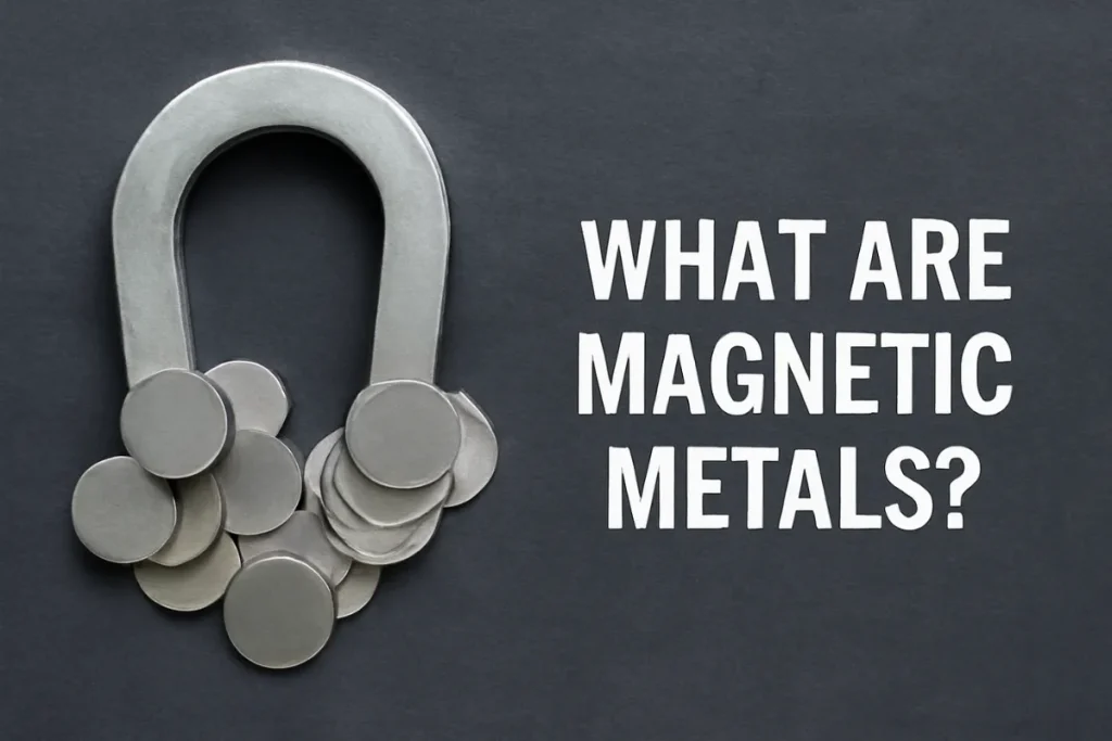 Illustration showing a U-shaped magnet attracting silver metal discs with the text 'What Are Magnetic Metals?' placed above the image, explaining the concept of magnetic metals.