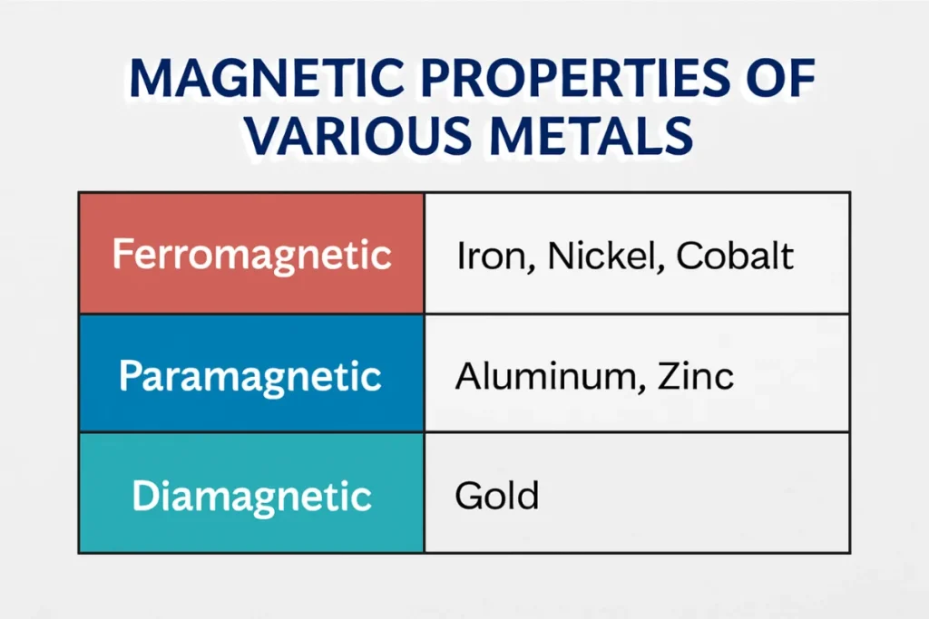 Chart showing the magnetic properties of metals: Iron, Nickel, Cobalt, Aluminum, Zinc, and Gold, categorized as Ferromagnetic, Paramagnetic, and Diamagnetic.