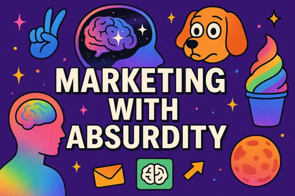 Whimsical digital artwork with the phrase 'Marketing with Absurdity' surrounded by surreal elements like a rainbow brain, quirky dog, planet, email icon, and holographic human heads, emphasizing creativity and meme culture in branding.