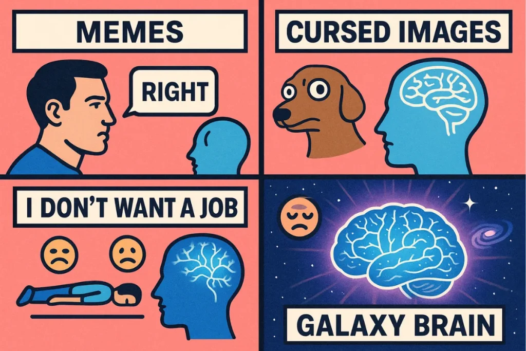 Colorful four-panel meme illustration showing the evolution from simple memes to cursed images and a radiant galaxy brain, highlighting absurd internet humor and cultural shifts in audience behavior.