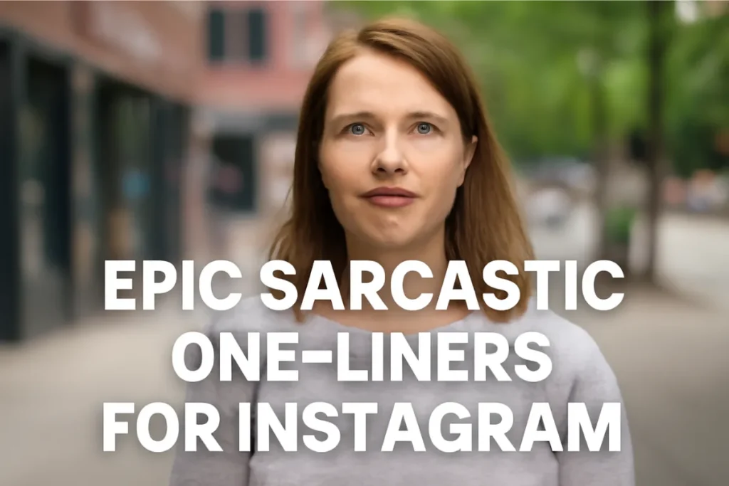 A woman with reddish-brown hair and a playful smirk, standing on a city street with the text 'EPIC SARCASTIC ONE-LINERS FOR INSTAGRAM' overlaid in bold white letters.