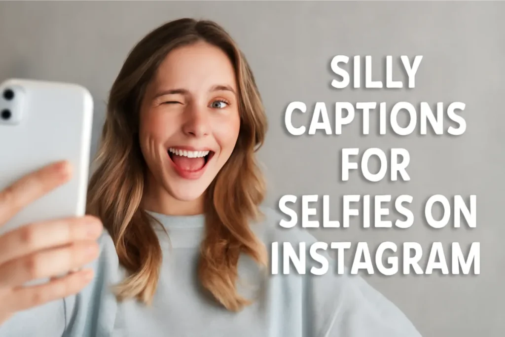 A young woman with long, wavy brown hair and a playful expression, making a 'duck face' and winking at the camera, with the text 'SILLY CAPTIONS FOR SELFIES ON INSTAGRAM' overlaid in bold white letters.