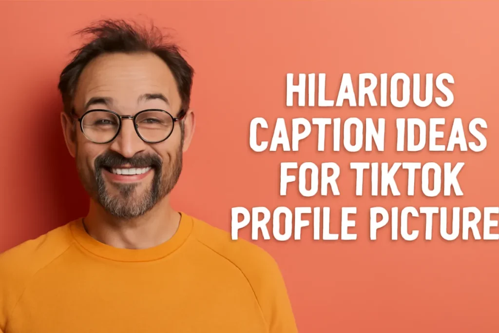 A middle-aged man with a full beard, wearing a mustard sweater, smiling broadly with eyeglasses, set against a coral background, with the text 'HILARIOUS CAPTION IDEAS FOR TIKTOK PROFILE PICTURES' overlaid in bold white letters.