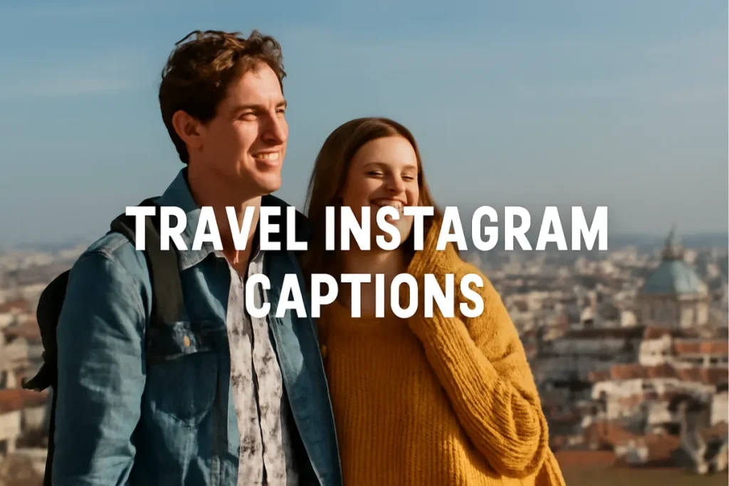 A young couple smiling and standing together on a high vantage point with a scenic city view, with the text 'TRAVEL INSTAGRAM CAPTIONS' overlaid in bold white letters.