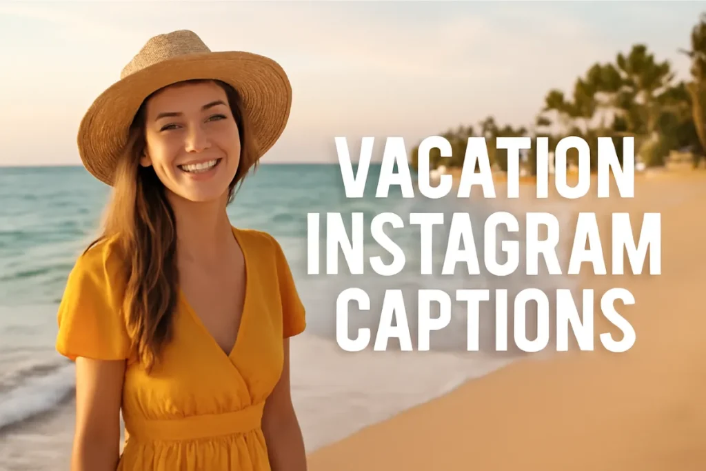 A young woman smiling on the beach at sunset, wearing a yellow sundress and a straw hat, with the text 'VACATION INSTAGRAM CAPTIONS' overlaid in bold white letters.