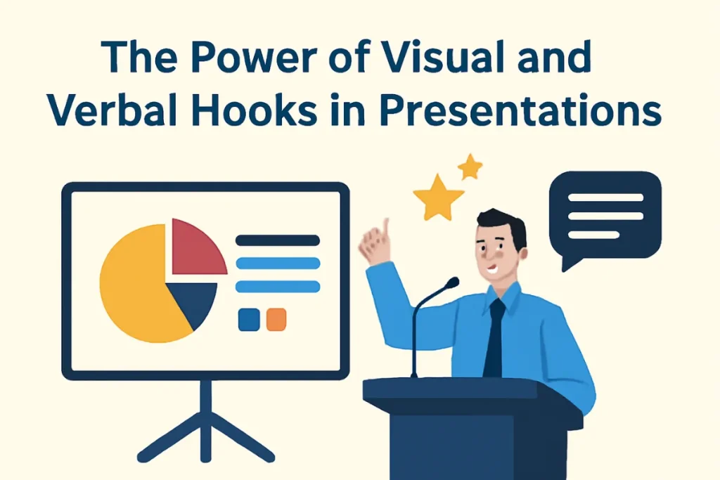 A flat-style digital illustration infographic showing the title "The Power of Visual and Verbal Hooks in Presentations" inside a purple speech bubble. It includes icons of a presentation slide, microphone, and visuals to represent the combination of visual and verbal elements in presentations.