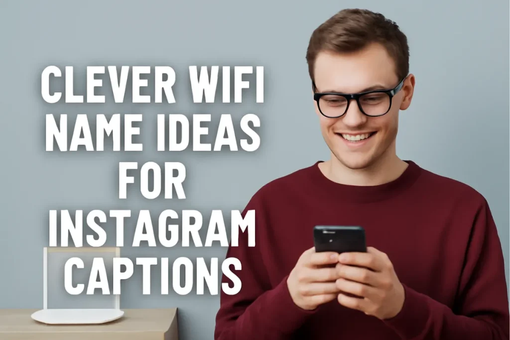 A young man with glasses and a burgundy sweatshirt, smiling while looking at his smartphone, with the text 'CLEVER WIFI NAME IDEAS FOR INSTAGRAM CAPTIONS' overlaid in bold white letters on a soft blue background.