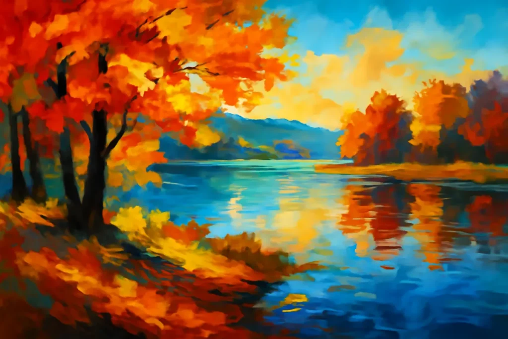 A bright and expressive acrylic painting of a colorful landscape, featuring bold strokes and smooth textures.