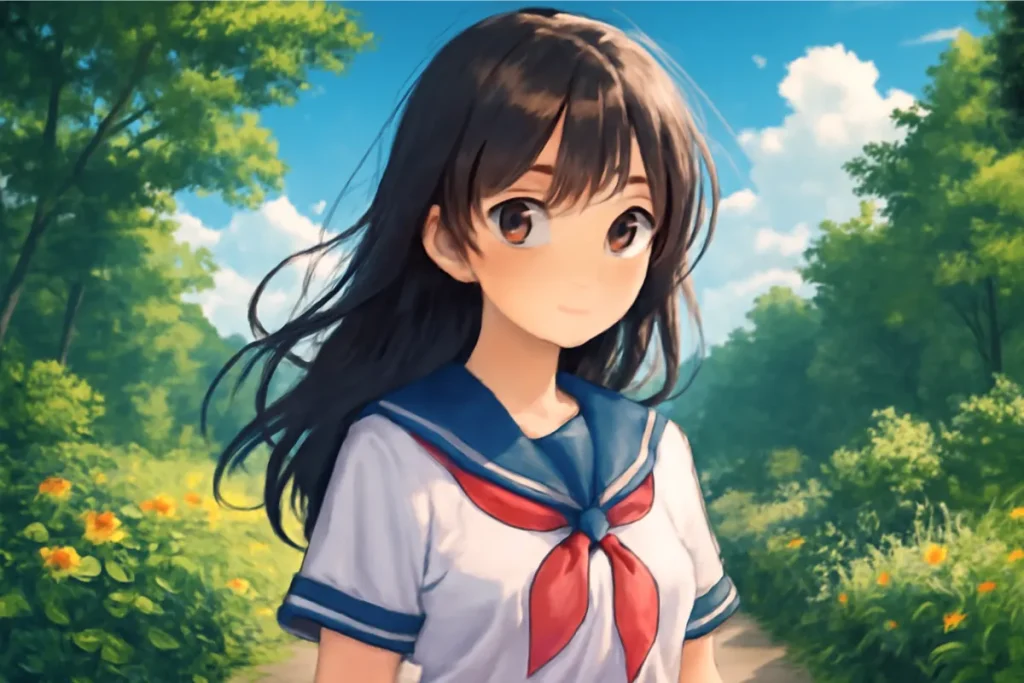 A 2D anime-style illustration of a young girl with bright hair and expressive eyes, set in a colorful background.