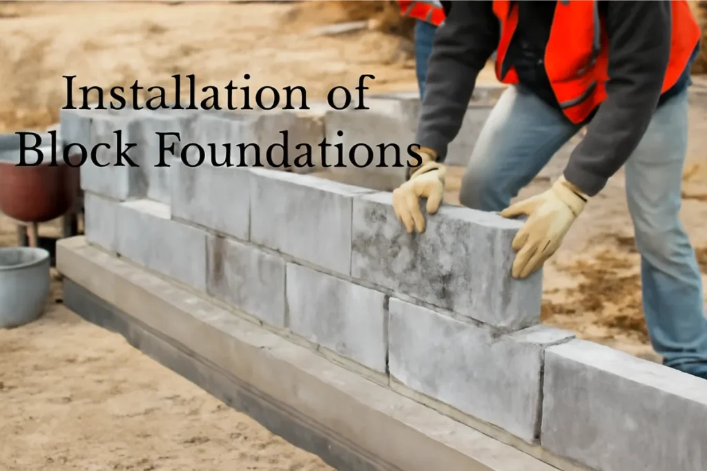 A construction worker laying a block foundation. The image shows a worker positioning concrete blocks with gloves on, in a construction setting with dirt and tools, illustrating the process of block foundation installation.