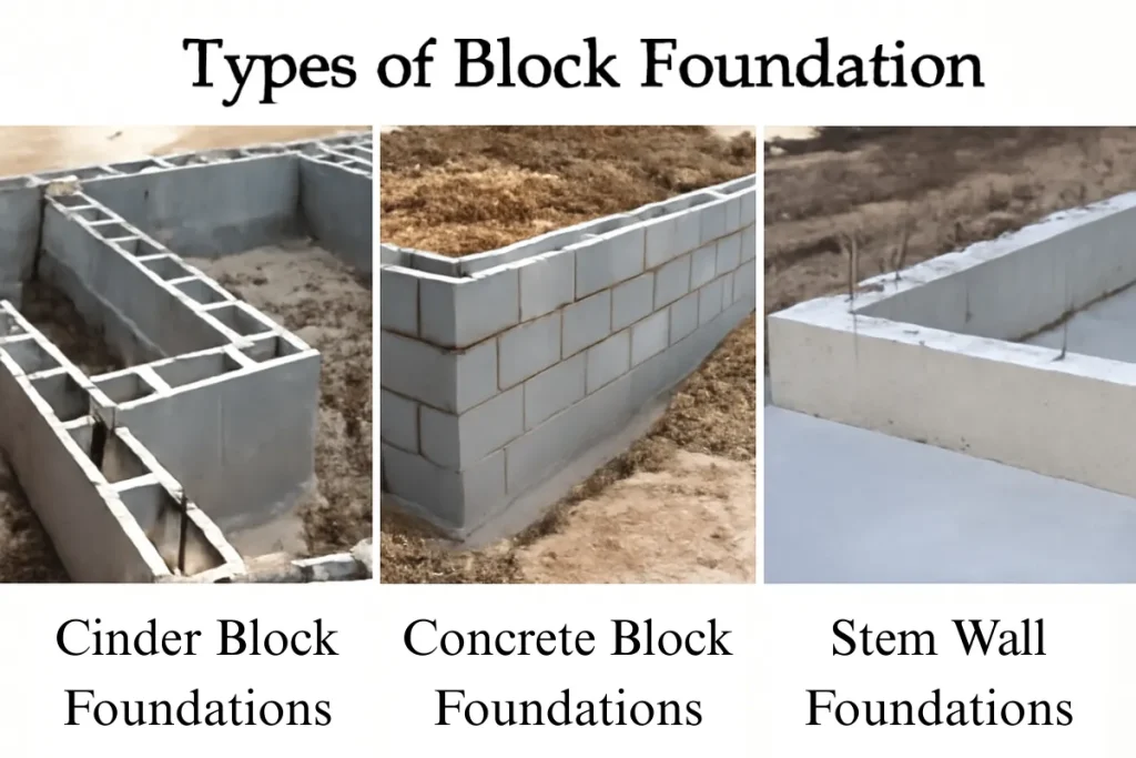 An image showcasing the three main types of block foundations: Cinder Block Foundations, Concrete Block Foundations, and Stem Wall Foundations. Each type is clearly labeled with images of their respective construction stages.