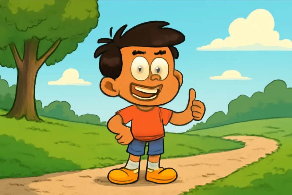 A digital illustration of a young boy with light blue hair, drawn in a bold cartoon style.