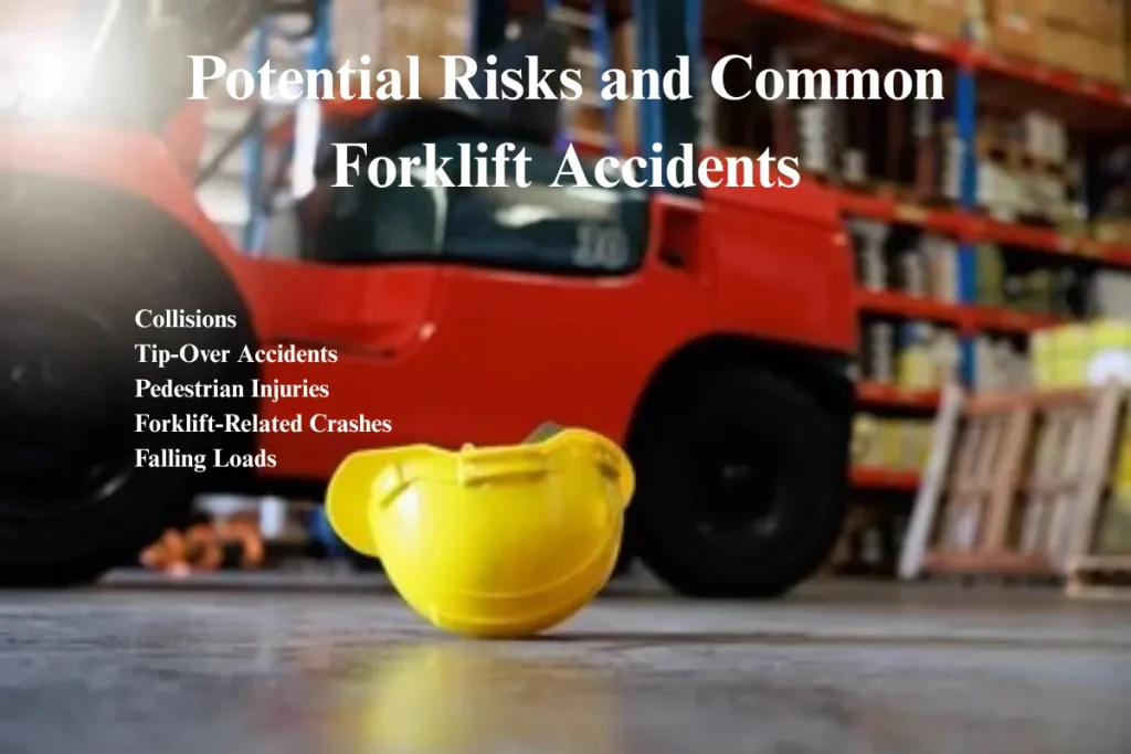 A forklift operating in a warehouse environment, with an emphasis on the risks and common forklift accidents such as collisions, tip-overs, and pedestrian injuries.