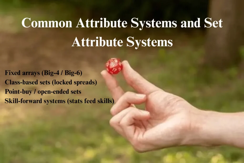 A hand holding a red die representing different RPG stat systems, with fixed arrays, class-based sets, point-buy, and skill-forward systems listed.