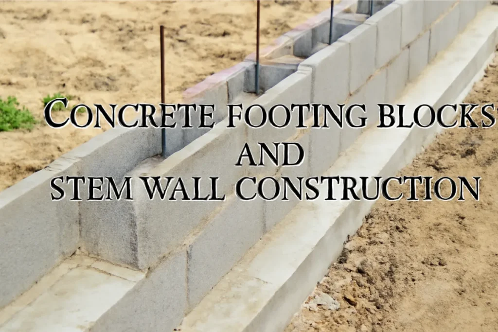 An image of a construction site with concrete footing blocks and stem wall construction. The photo focuses on stacked concrete blocks and rebar, with earthy soil surrounding the site.