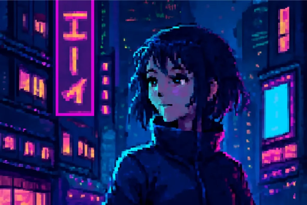 A digital artwork depicting a futuristic cityscape with neon lights, dark skies, and advanced technology, in cyberpunk style.