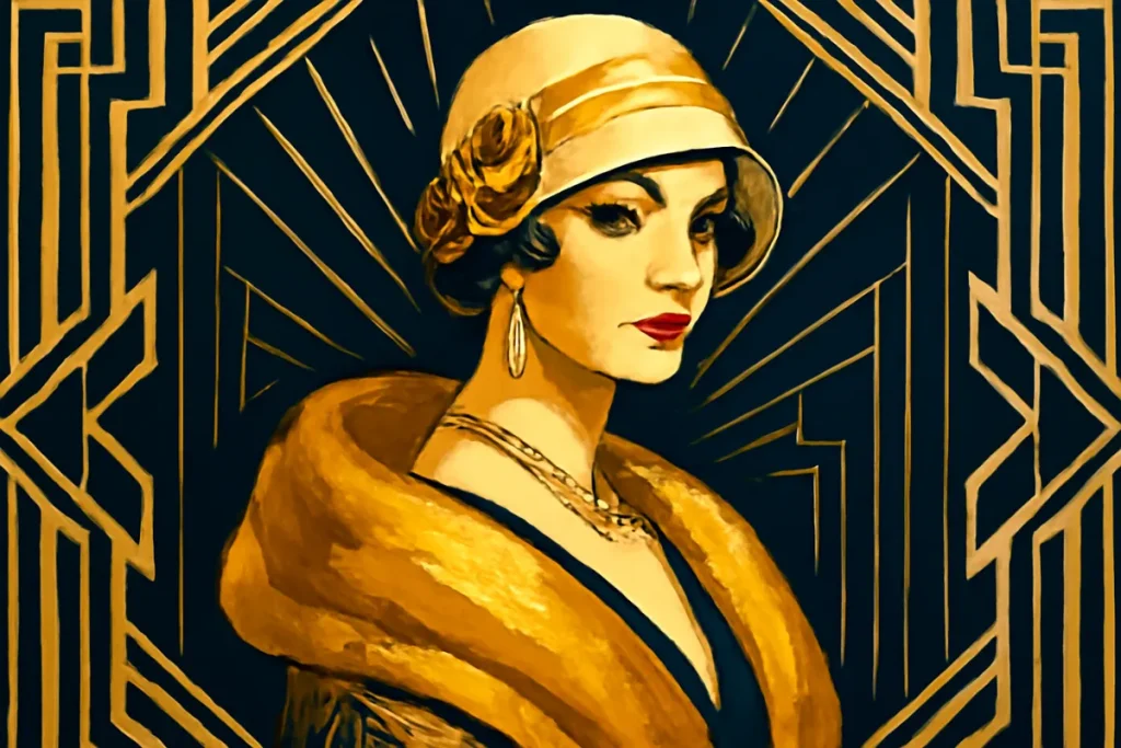 A digital illustration in the Art Deco style featuring bold geometric patterns, vibrant colors, and a luxurious aesthetic with a modern twist.