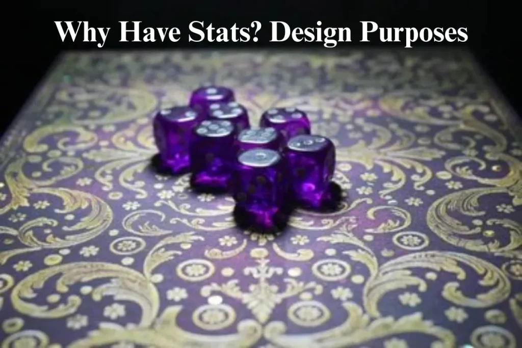 Purple dice on a decorative floral background representing design purposes of stats in RPGs.