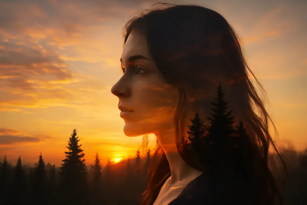 A double exposure digital photograph of a person’s portrait blended with a landscape background, creating a layered effect.