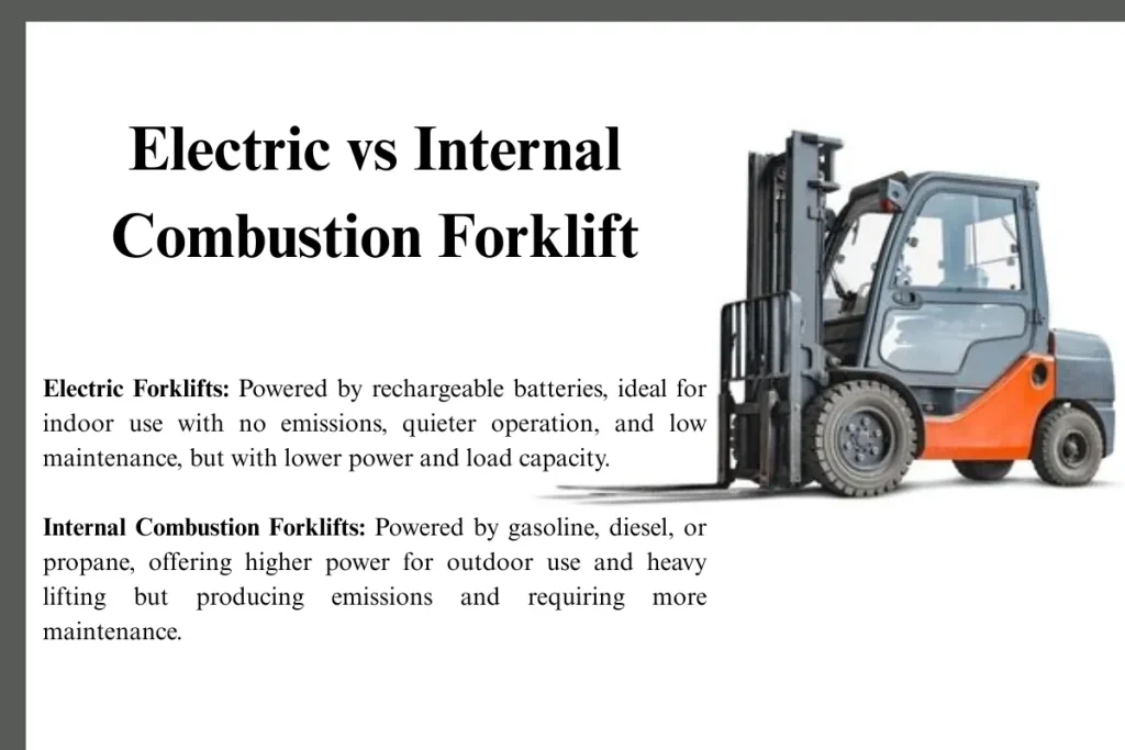 A comparison of electric and internal combustion forklifts, highlighting key differences like power sources, noise, emissions, and suitable work environments.
