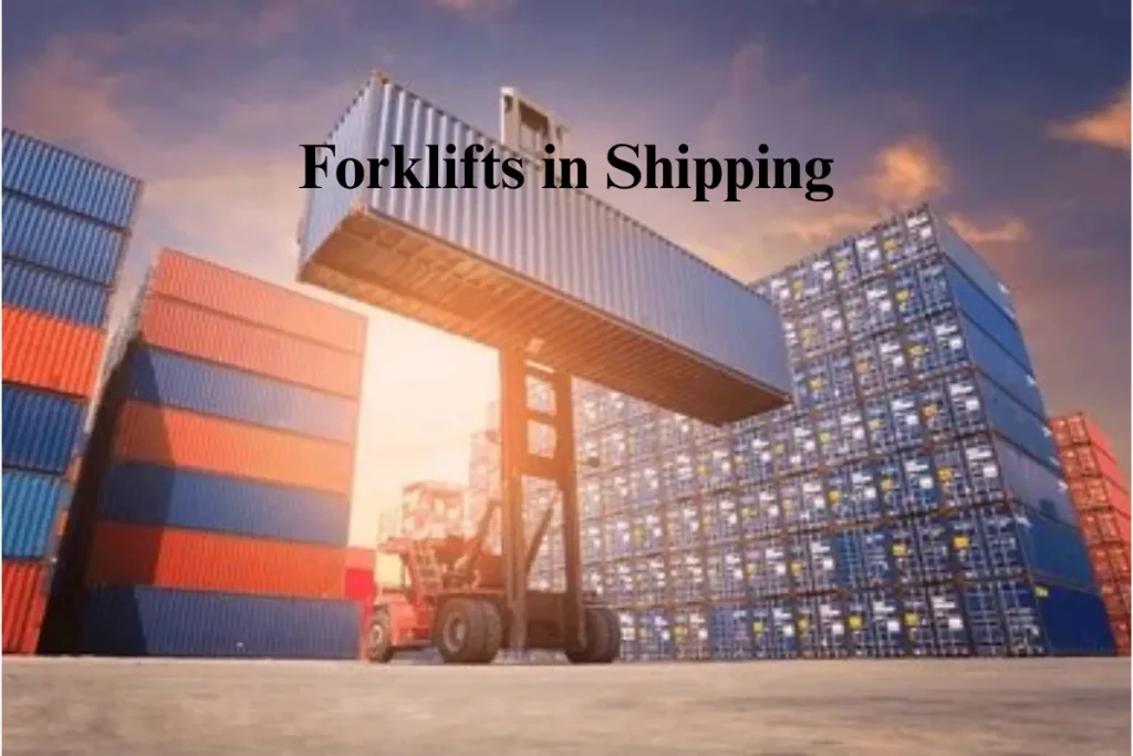 Forklift lifting a shipping container, showcasing forklifts in the shipping industry handling heavy loads.