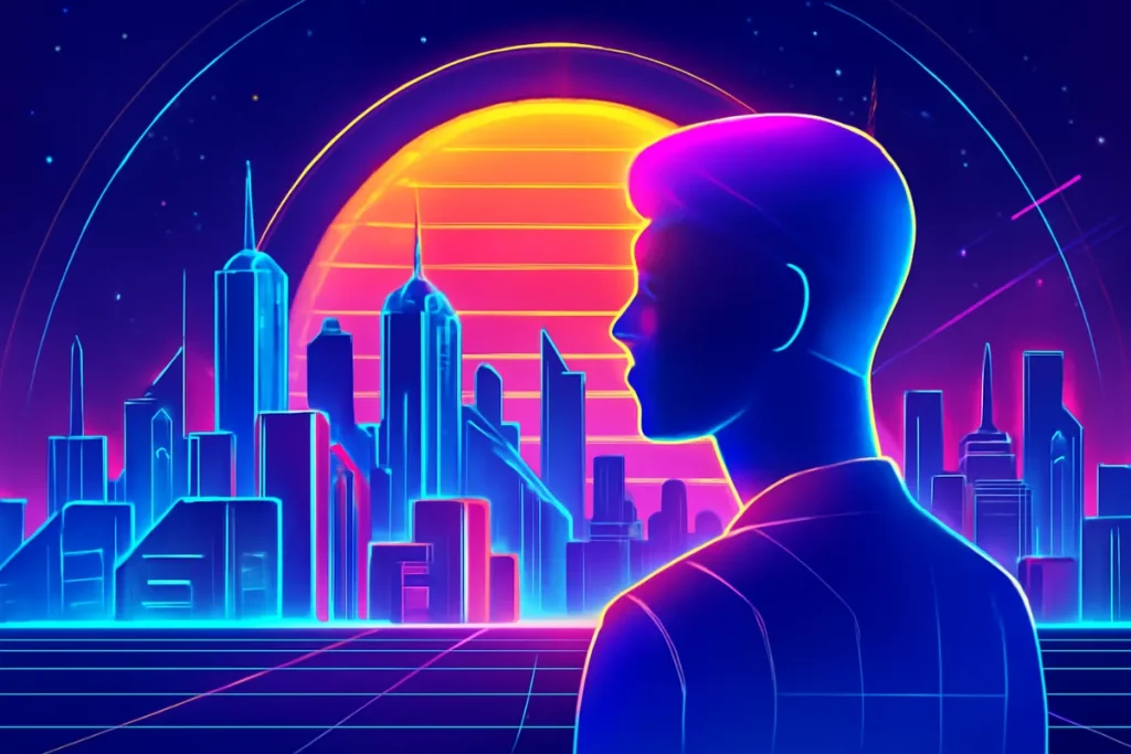 A digital futuristic cityscape showcasing high-tech structures, neon lights, and a sci-fi theme with a vibrant color palette.