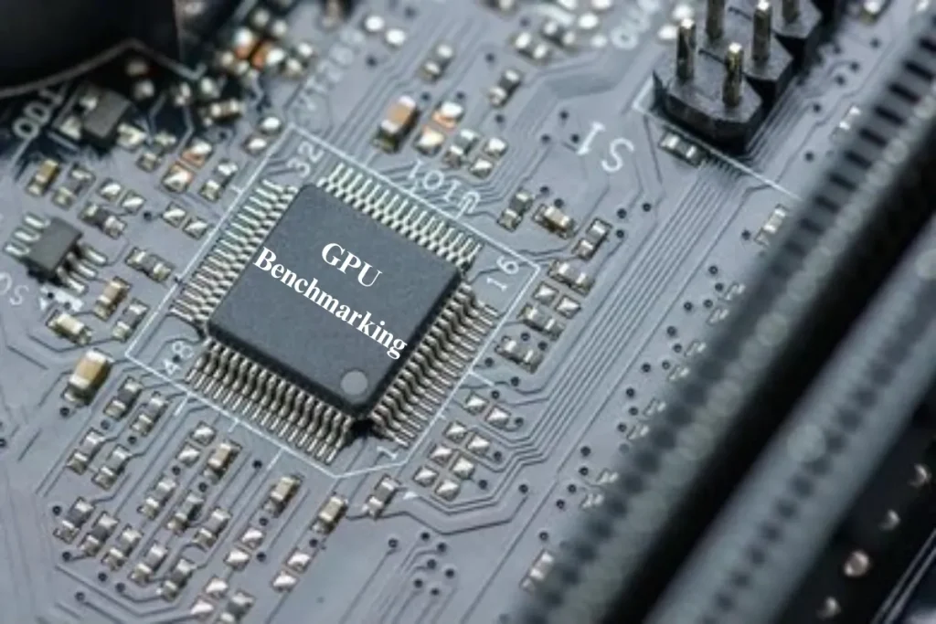 A close-up image of a microchip on a motherboard with 'GPU Benchmarking' text overlay, emphasizing the technical aspects of benchmarking.