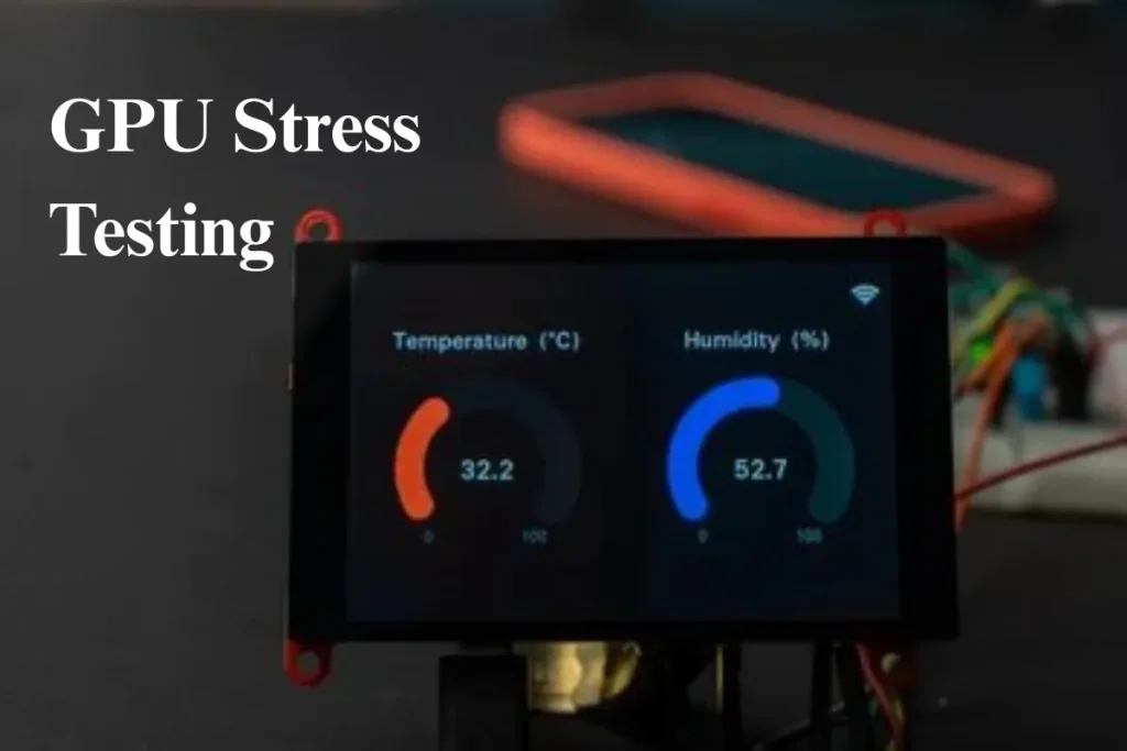 A handheld device showing temperature and humidity levels, symbolizing GPU stress testing to measure temperature under load.