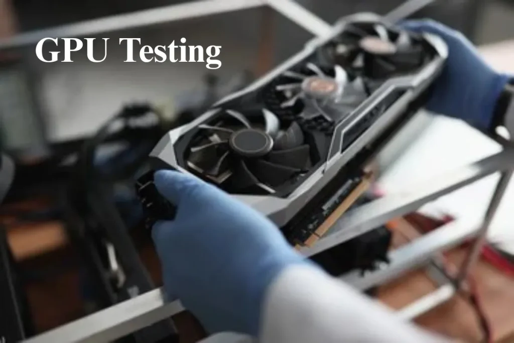 Close-up image showing a technician handling a graphics card, showcasing GPU testing procedures.