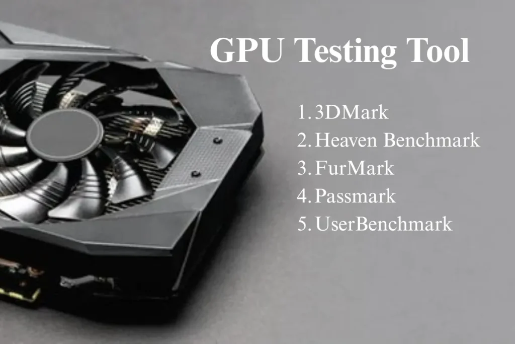 A modern graphics card with visible cooling fans and the names of popular GPU testing tools like 3DMark, Heaven Benchmark, and FurMark.
