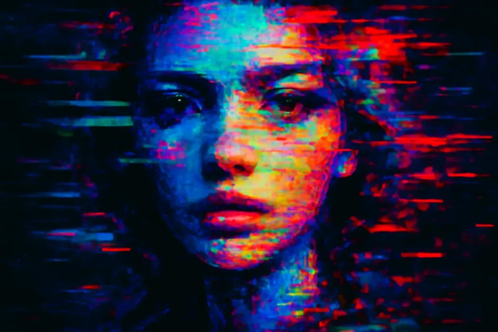 A digital artwork that showcases visual distortions, pixel errors, and fragmented patterns, characteristic of glitch art style.