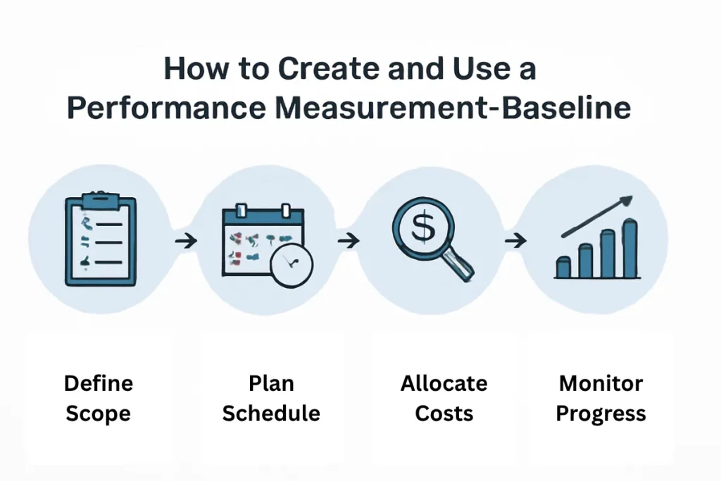 A flat-style digital illustration showing the steps to create and use a Performance Measurement Baseline (PMB): Define scope, plan schedule, allocate costs, and monitor progress. Each step is represented by an icon, with arrows linking the steps.