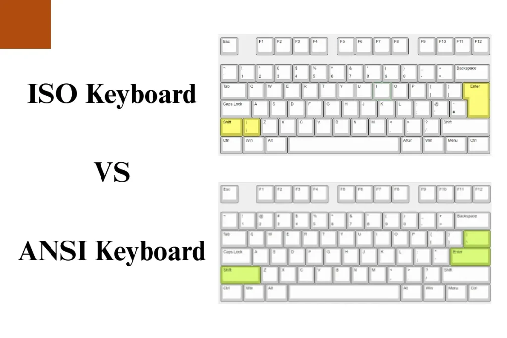 Comparison of ISO and ANSI keyboard layouts showing differences in Enter key and left Shift key design.