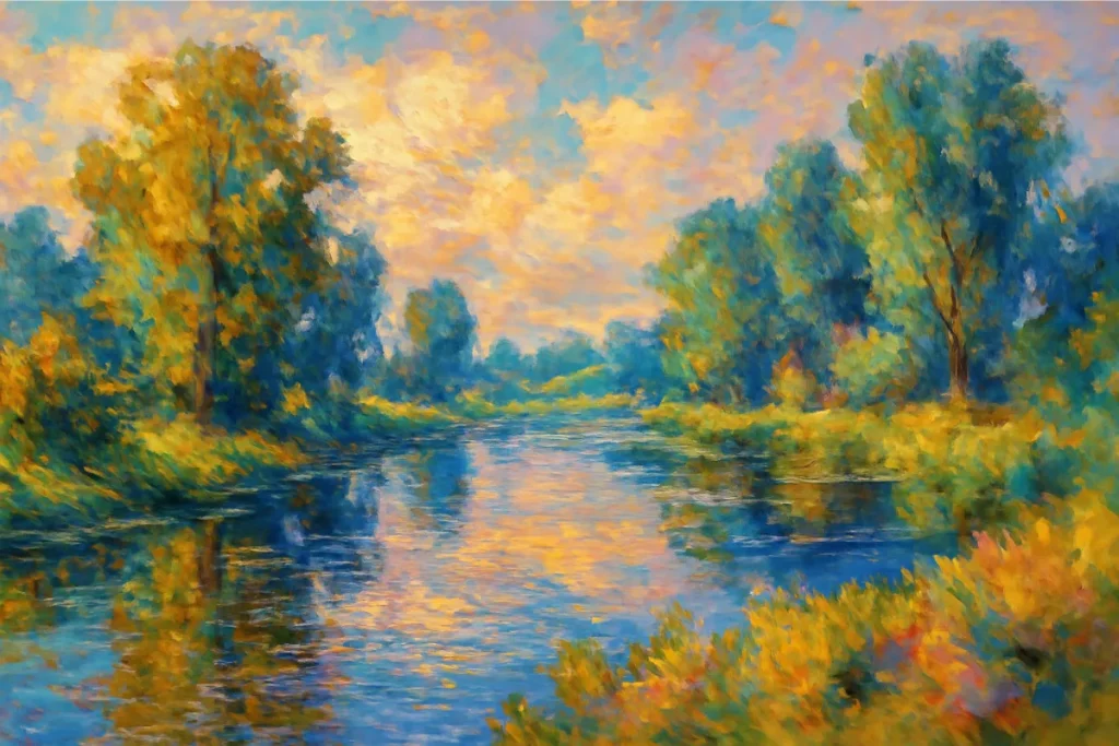 An impressionist-style oil painting depicting a serene outdoor scene with light brushstrokes and soft lighting.