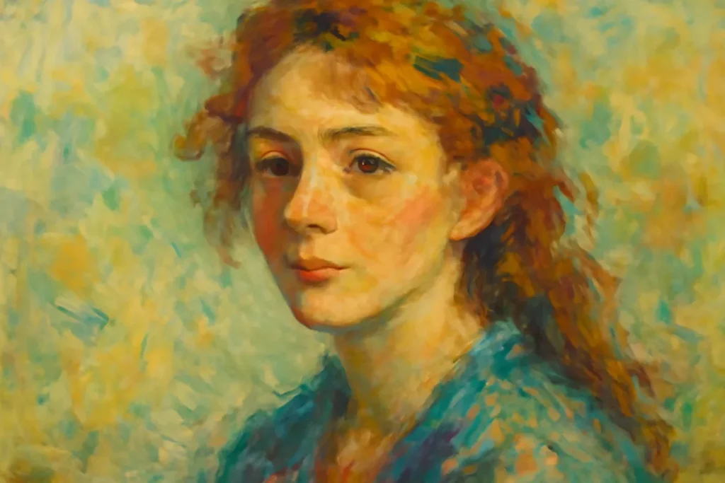 An impressionist oil painting on canvas capturing a soft, detailed portrait with emphasis on light and brushstrokes.