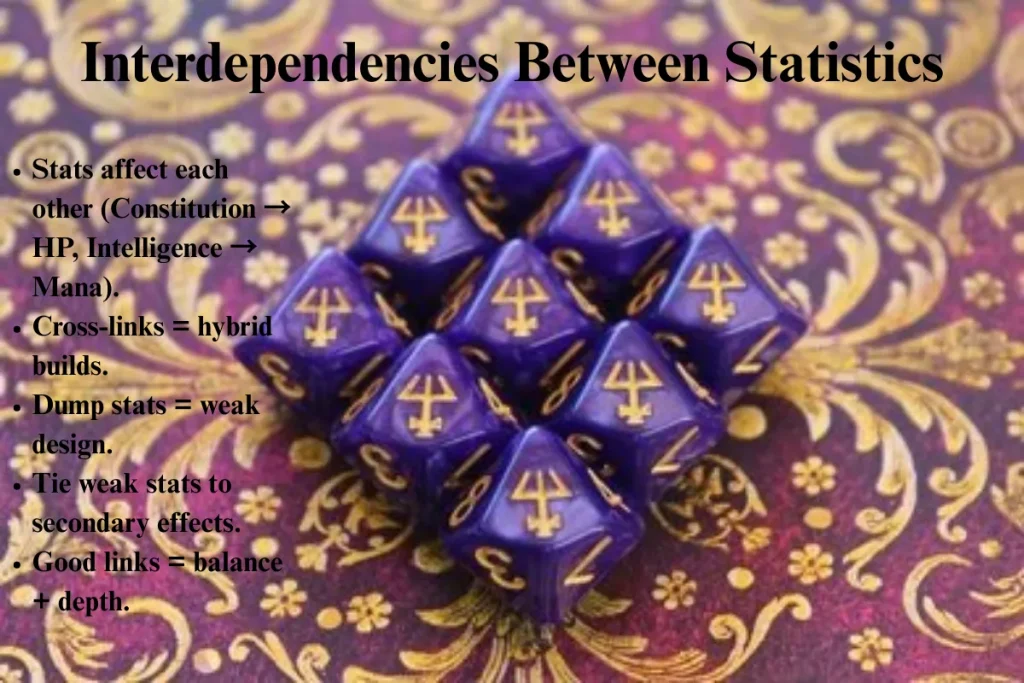 Purple dice arranged on an ornate golden background, demonstrating the interdependencies between RPG statistics.