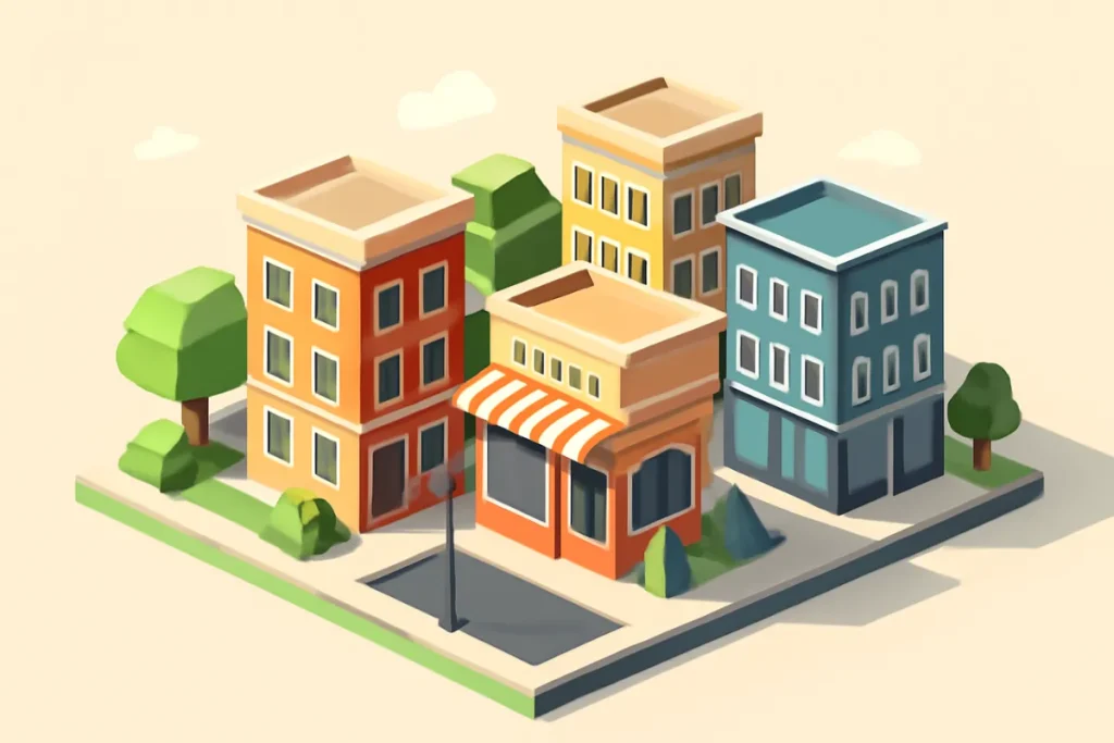 A 3D-rendered isometric illustration depicting a futuristic city with geometric structures in a grid layout.