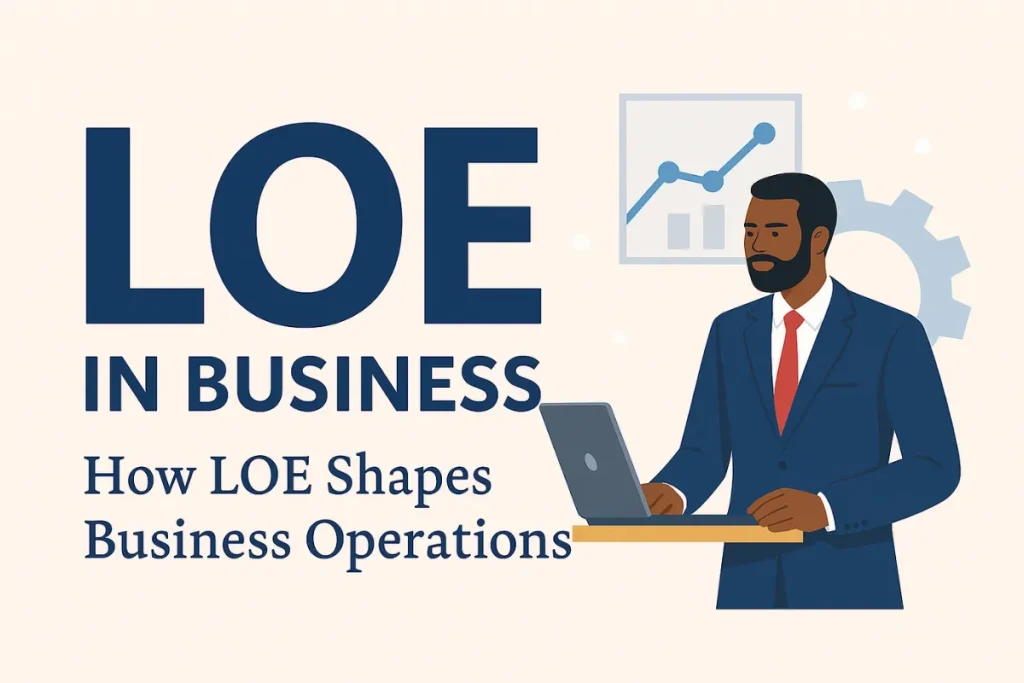 A digital illustration featuring 'LOE' in bold text with the subtitle 'How LOE Shapes Business Operations.' An African American businessman is working on a laptop, accompanied by a rising chart and gear icon.