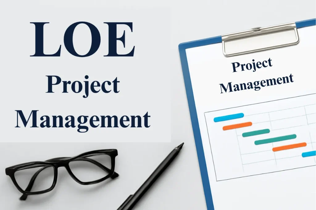 A digital graphic displaying the acronym LOE with the title 'Project Management' Includes a Gantt chart, glasses, and a pen, symbolizing project management.