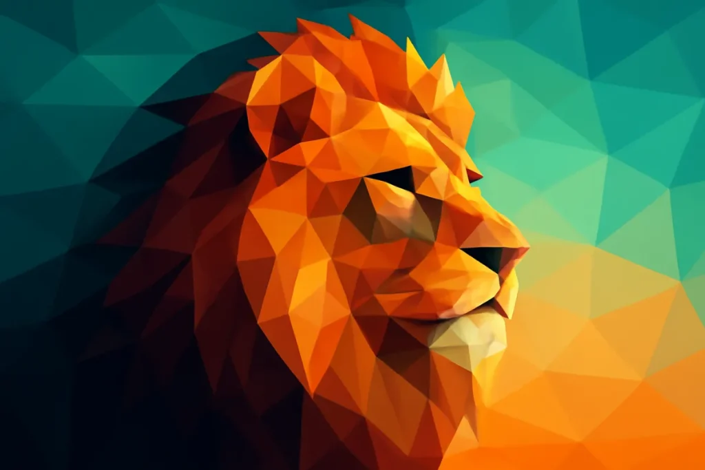 A low poly-style digital illustration of a lion's head made of basic geometric shapes and flat colors.