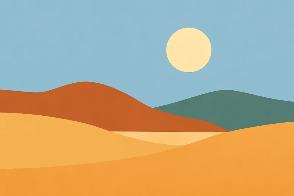 A digital minimalist illustration showing a sparse landscape with simple shapes and a limited color palette.