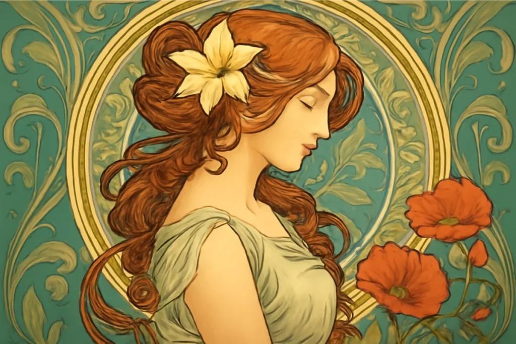 A traditional digital Art Nouveau-style painting featuring intricate, flowing designs inspired by nature and floral motifs.