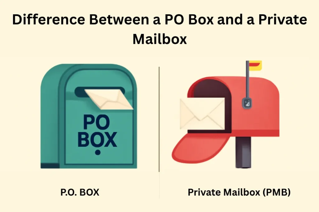 A comparison image showing a PO Box on the left and a Private Mailbox (PMB) on the right, with labels and clear icons illustrating the differences between the two.
