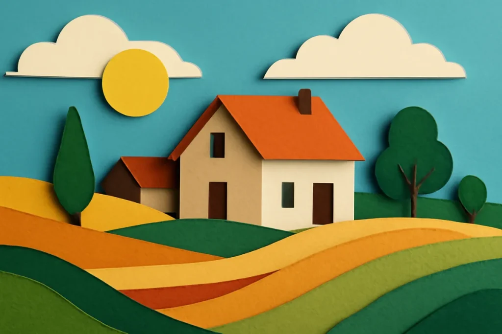 A digital papercraft artwork depicting a rural landscape, with layered elements resembling paper-cut designs and textures.