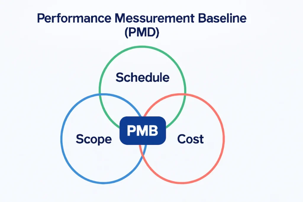 A Venn diagram illustrating the Performance Measurement Baseline (PMB) with "Scope," "Schedule," and "Cost" as the intersecting elements, with "PMB" in the center.